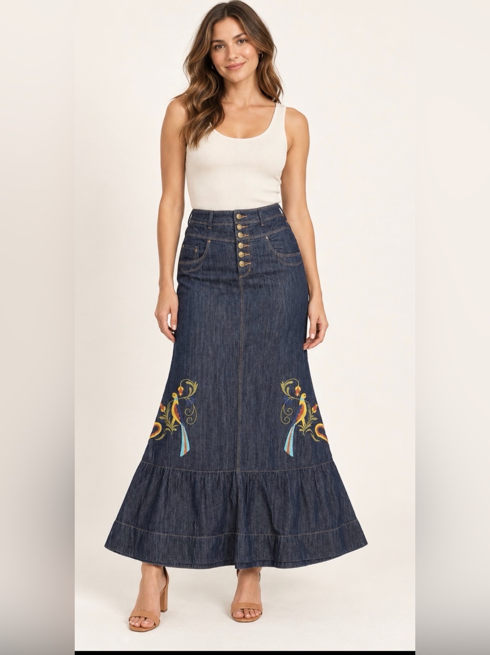 Vintage Brazilian Verbo Embroidered Dark Blue Denim Maxi Skirt - Button Front - Picture 2 of 11